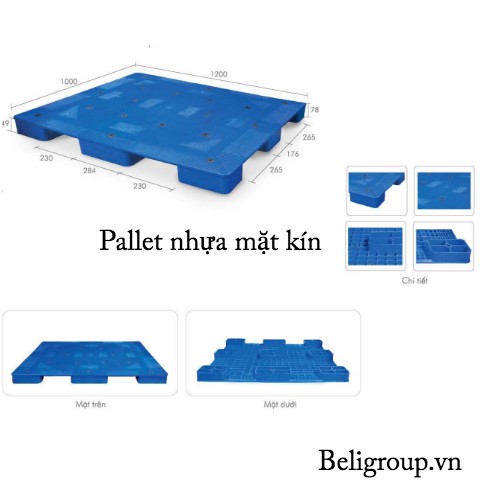 Hình các bên pallet nhựa mặt kín màu xanh